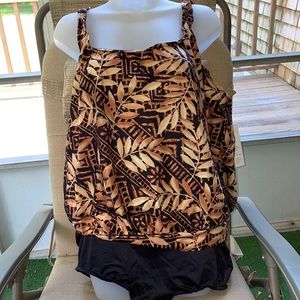 Brown beige leaf pattern bathing suit